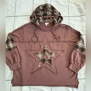 BiBi Plaid Accent Hoodie in Brown and Black